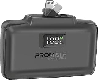 باور بانك محمول صغير بسعة 10000mAh مع وصلة USB نوع سي™ للدخل/الخرج قابلة للطي ,فائق السرعة ووصلة لايتنينج قابلة للطي 20W من بروميت، حماية من الشحن الزائد، شاشة LED، (أسود)